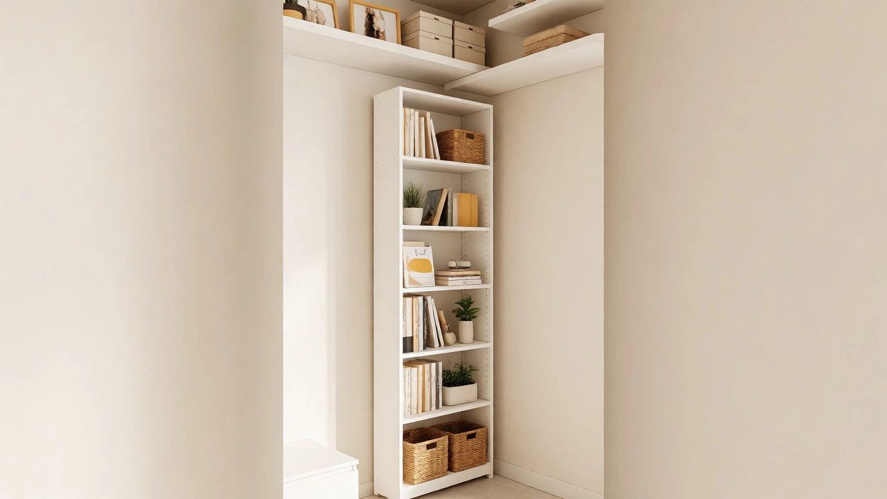 Tall narrow bookcase and floating shelves organizing a wall